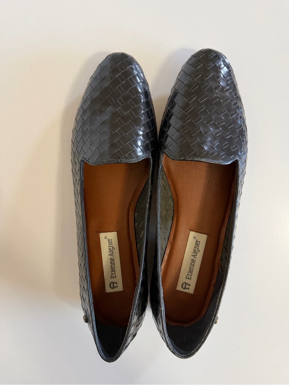 Etienne Aigner Black Woven Weave‎ Leather Slip-On Flats 10M VTG Academia